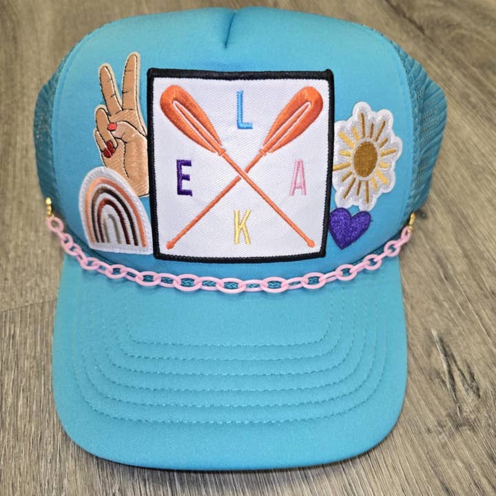 Patchwrx Customs Hat Bar - Wholesale Trucker Hat - Women's - Lake Days & Sun Rays Turquoise Trucker Hat with Pink Chain