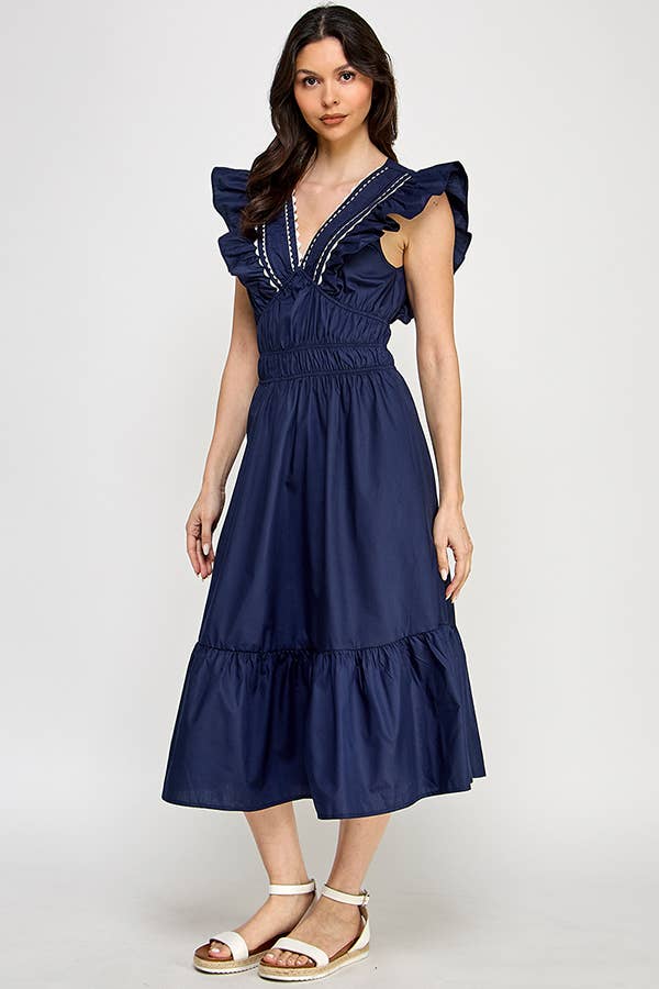 RUBIENN - Wholesale Dress - Women's - Lace Trim V-Neck Sleeveless Smocked Midi Dress.