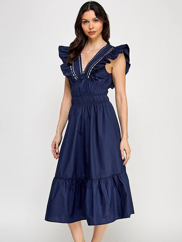 RUBIENN - Wholesale Dress - Women's - Lace Trim V-Neck Sleeveless Smocked Midi Dress.0