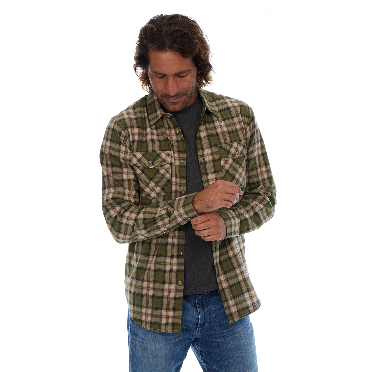 PX - Wholesale Button Down Shirt - Men's - Long Sleeve Flannel Plaid Front Pockets Shirt Lt Olive Khaki3