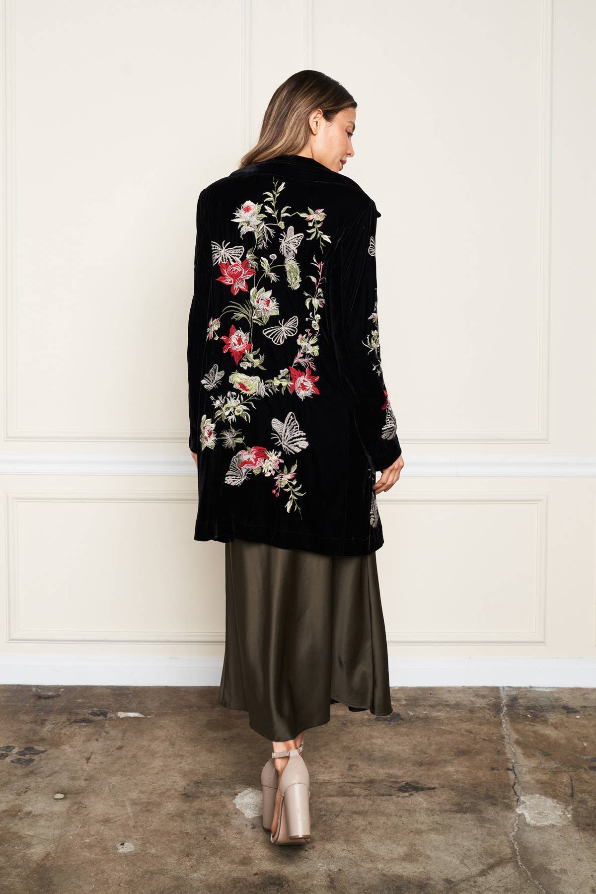 Black 5675-MAJ Embroidered Velvet Coat for wholesale on Faire6