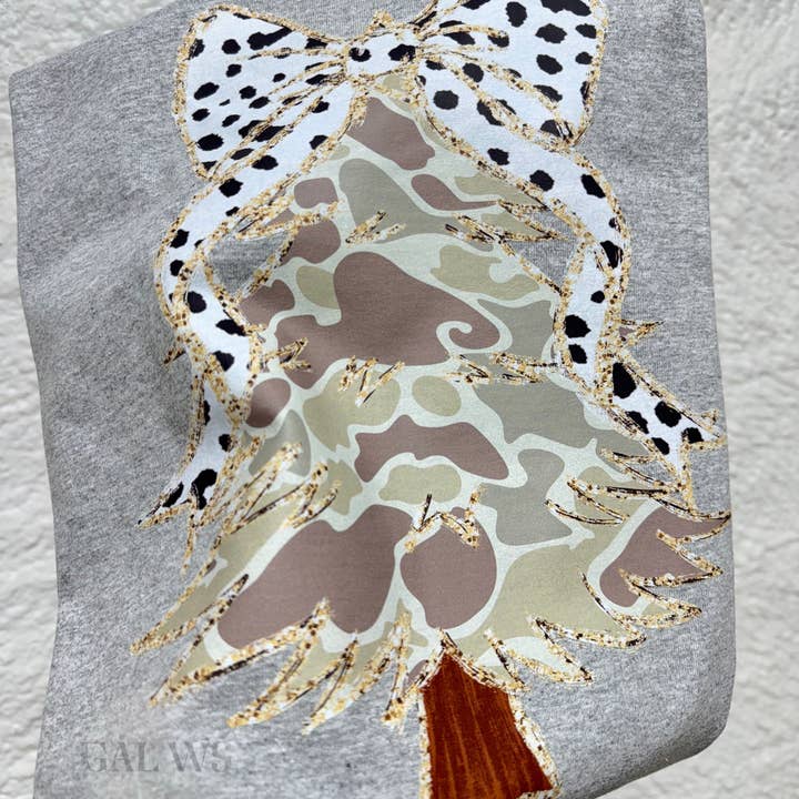 Camo & glitter Christmas tree design tee / sweatshirt for wholesale by Gunpowder and lace wholesale