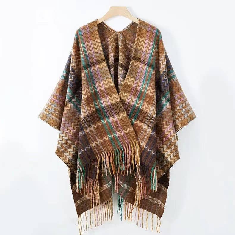 Rosa Clothing - Wholesale Kimono - Women's - Bohemia Western Ethnic plaid tassel kimono Thermal Cape5