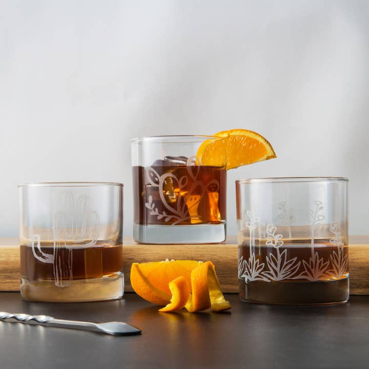 Monster Dance Designs - Wholesale Cocktail/Liquor Glass - Cactus Etched Whiskey Glass