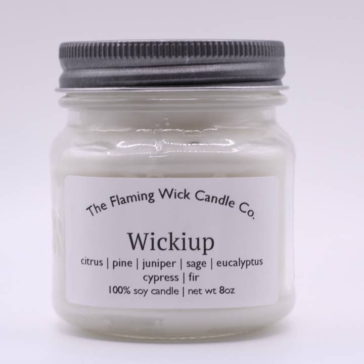 Wickiup soy candle glass mason jar with pewter lid for wholesale by The Flaming Wick Candle Co.
