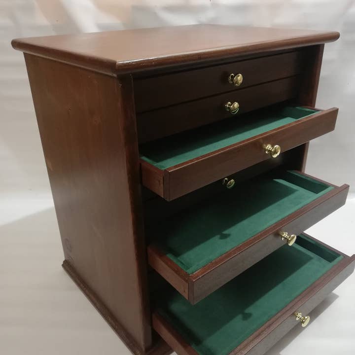 Antique Walnut color wooden cabinet with drawers for brooches for wholesale by Coins&More