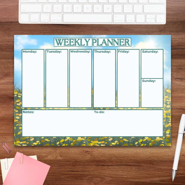 A4 Landscape Weekly Deskpad – Wildflower Meadow & Blue Sky for wholesale by Famjo Boutique