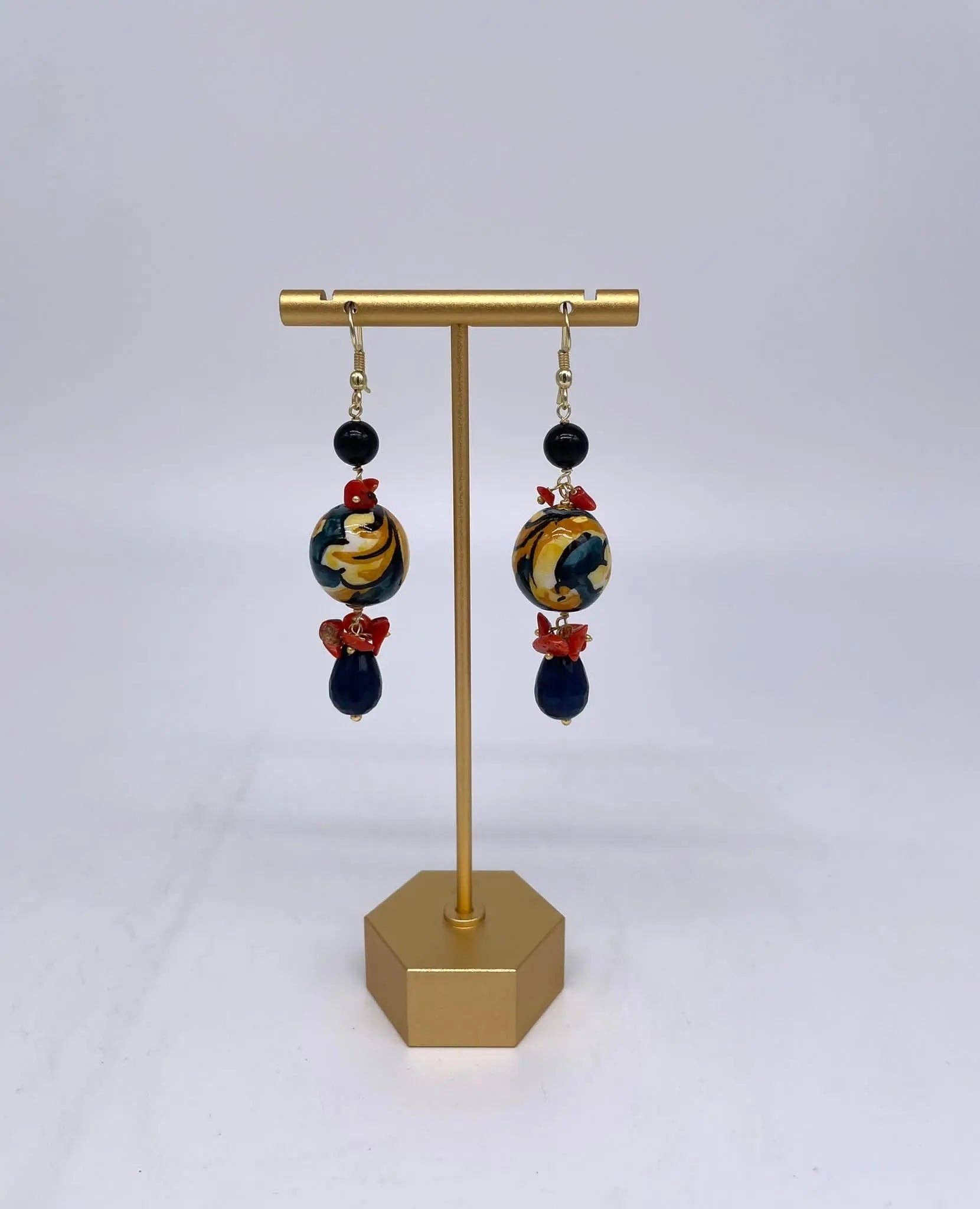 DD Ceramiche Siciliane – wholesale Dangle earrings – Handmade Blue Christmas Balls Earrings in Caltagirone Ceramic, stones and coral0