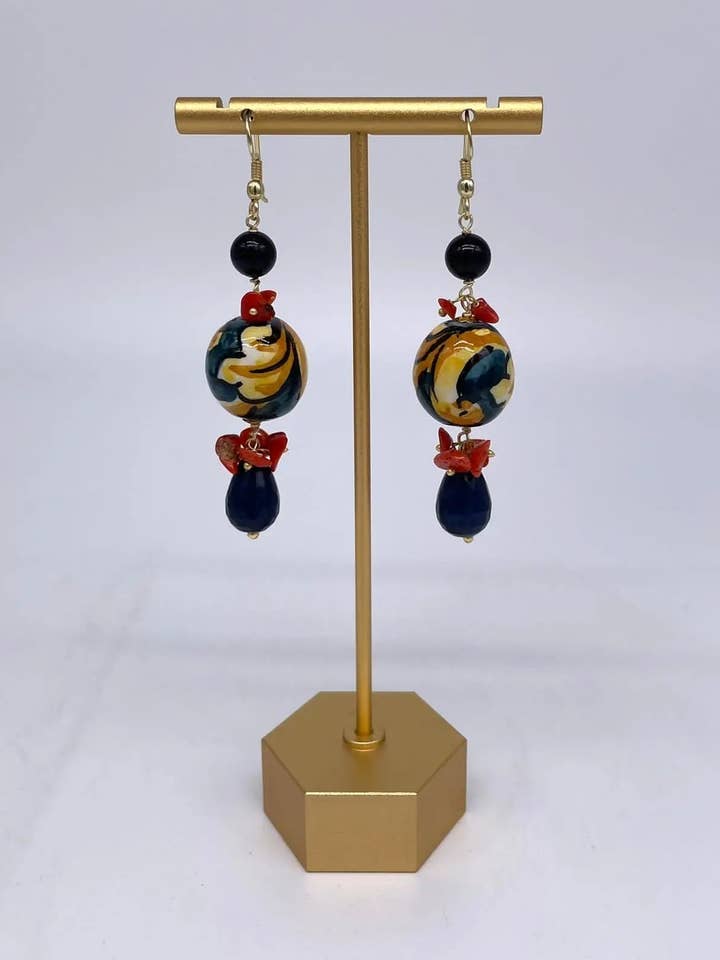 Handmade Blue Christmas Balls Earrings in Caltagirone Ceramic, stones and coral for wholesale by DD Ceramiche Siciliane