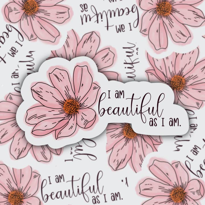 Autocollant simple imperméable « I Am Beautiful As I Am Positive Affirmation pour la vente par Stand Tall and Create