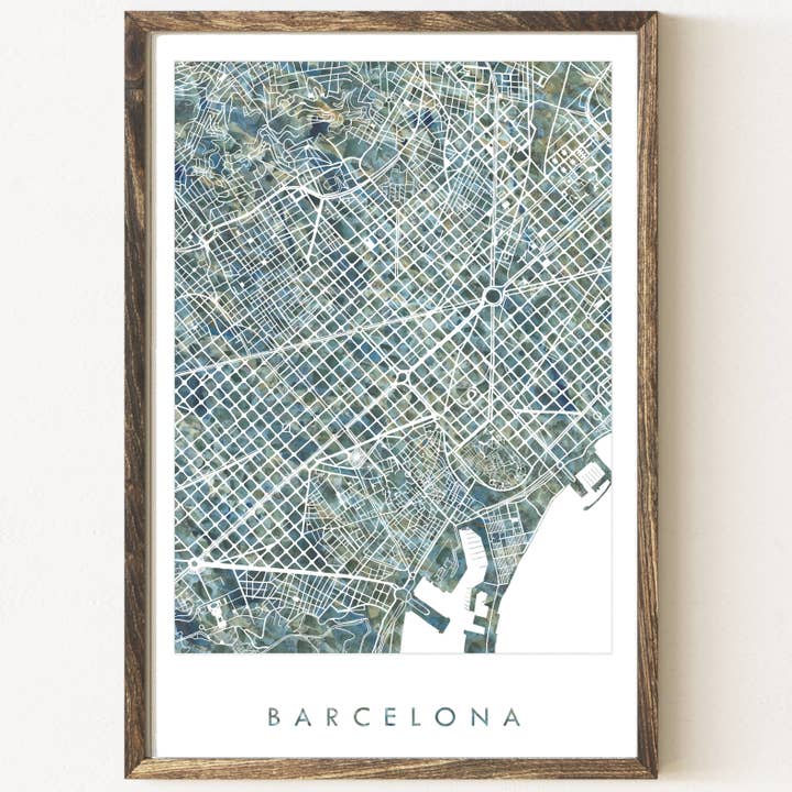 Carte peinte de Barcelone en Espagne - Impression artistique de 13 x 19 pouces pour la vente par Turn-of-the-Centuries