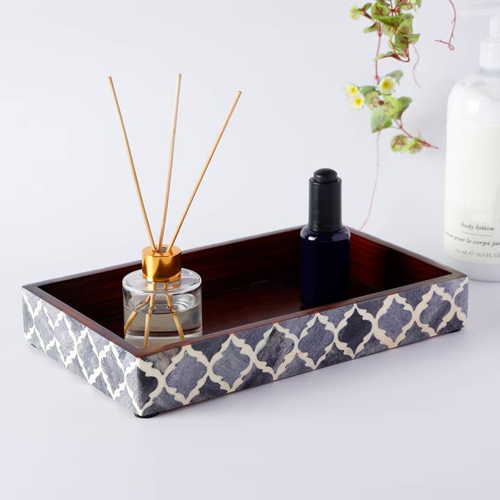 Vanity Trays Moroccan Bone & Resin Inlay in 10x6, Grey for wholesale by Muqeem & Brothers