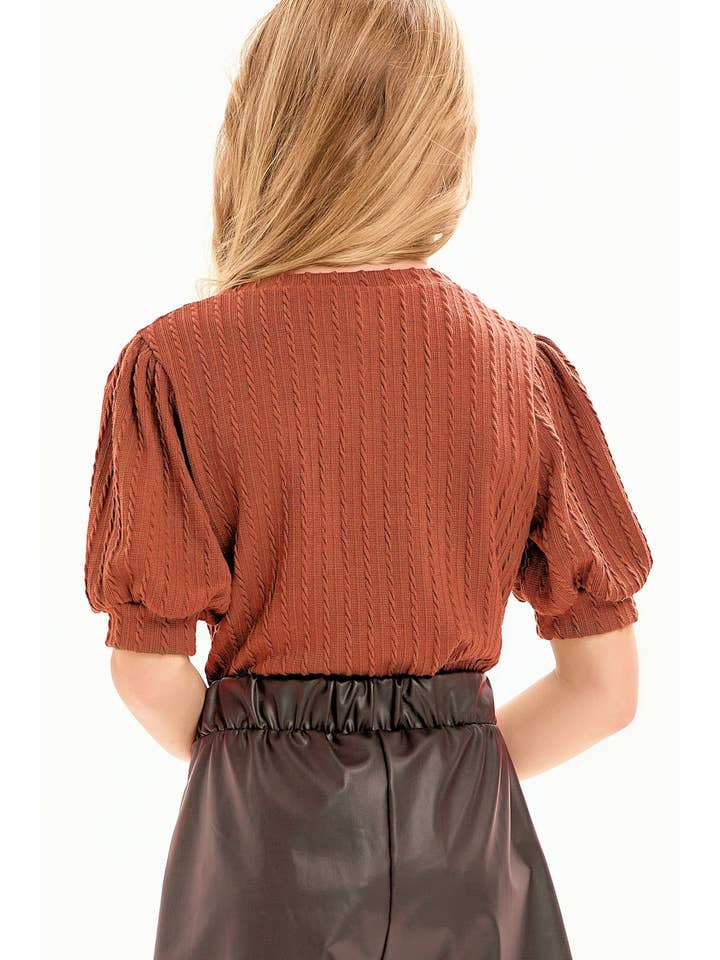 Good Girl - Wholesale T-Shirt - Kids - Embossed Knit Short Puff Sleeves Top