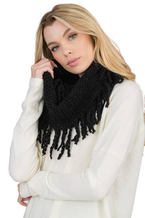 Cap Zone - Wholesale Scarf - Women's - Mesh Seed Stitch Knit Fray Trim Infinity Scarf7