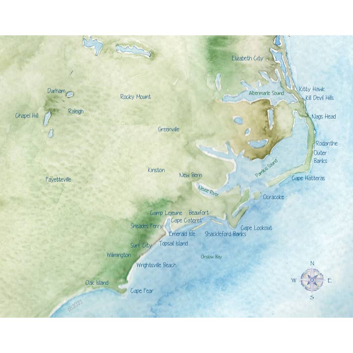 Coastal NC Hand-painted Watercolor Map - Art Print for wholesale by Molly Joseph Fine Art