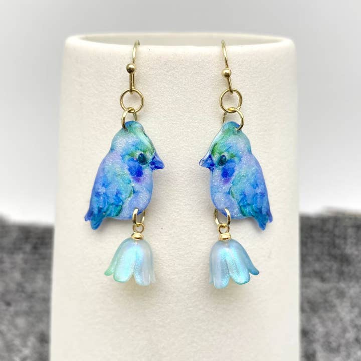 Mio Queena - Wholesale Dangle Earrings - Robin Picking Flowers, Resin Birds Dangle Earrings