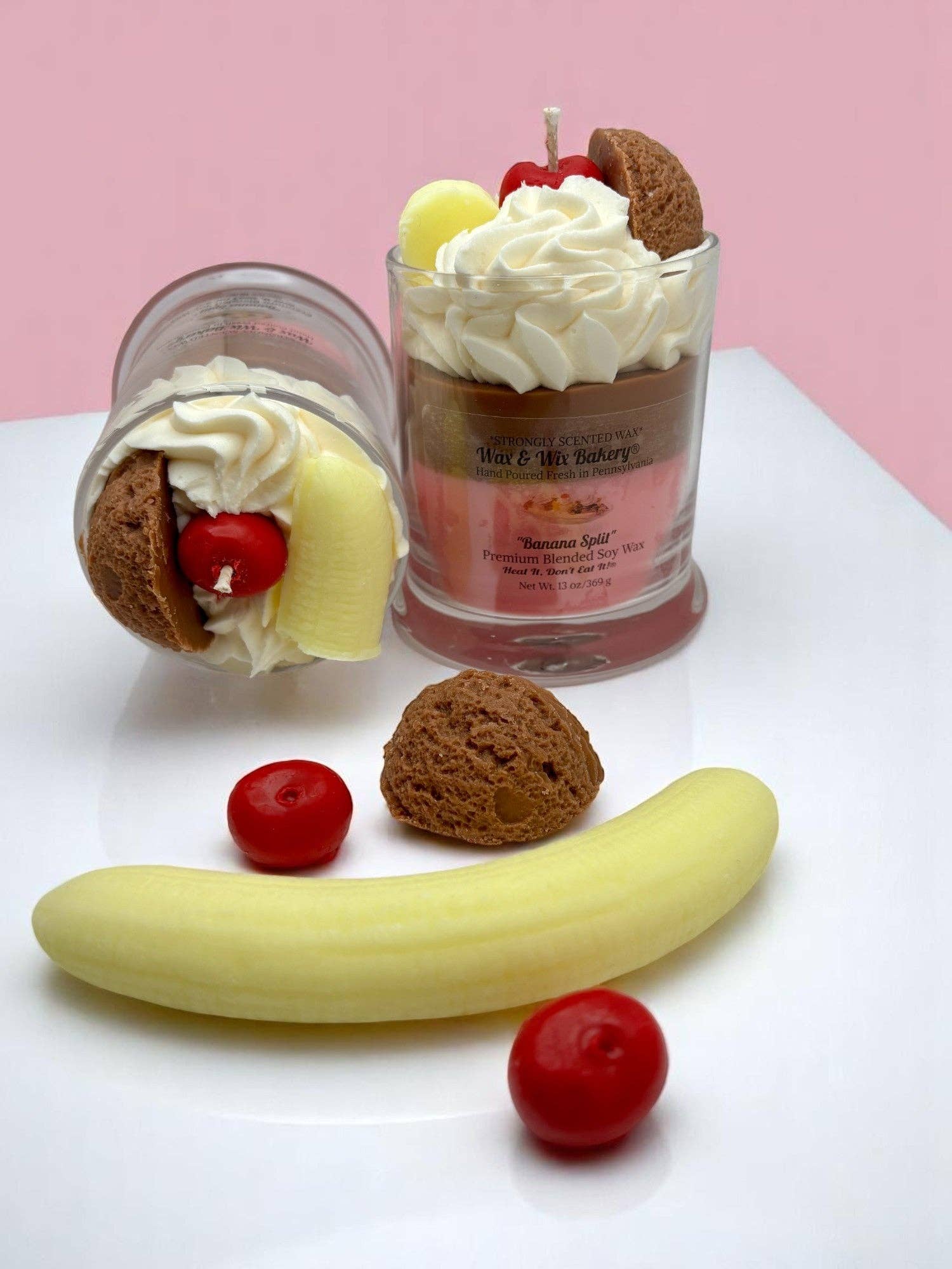 Wax and Wix Bakery® - Wholesale Jar/Filled Candle - Banana Split Candle.13 oz. Large Soy Dessert Candle