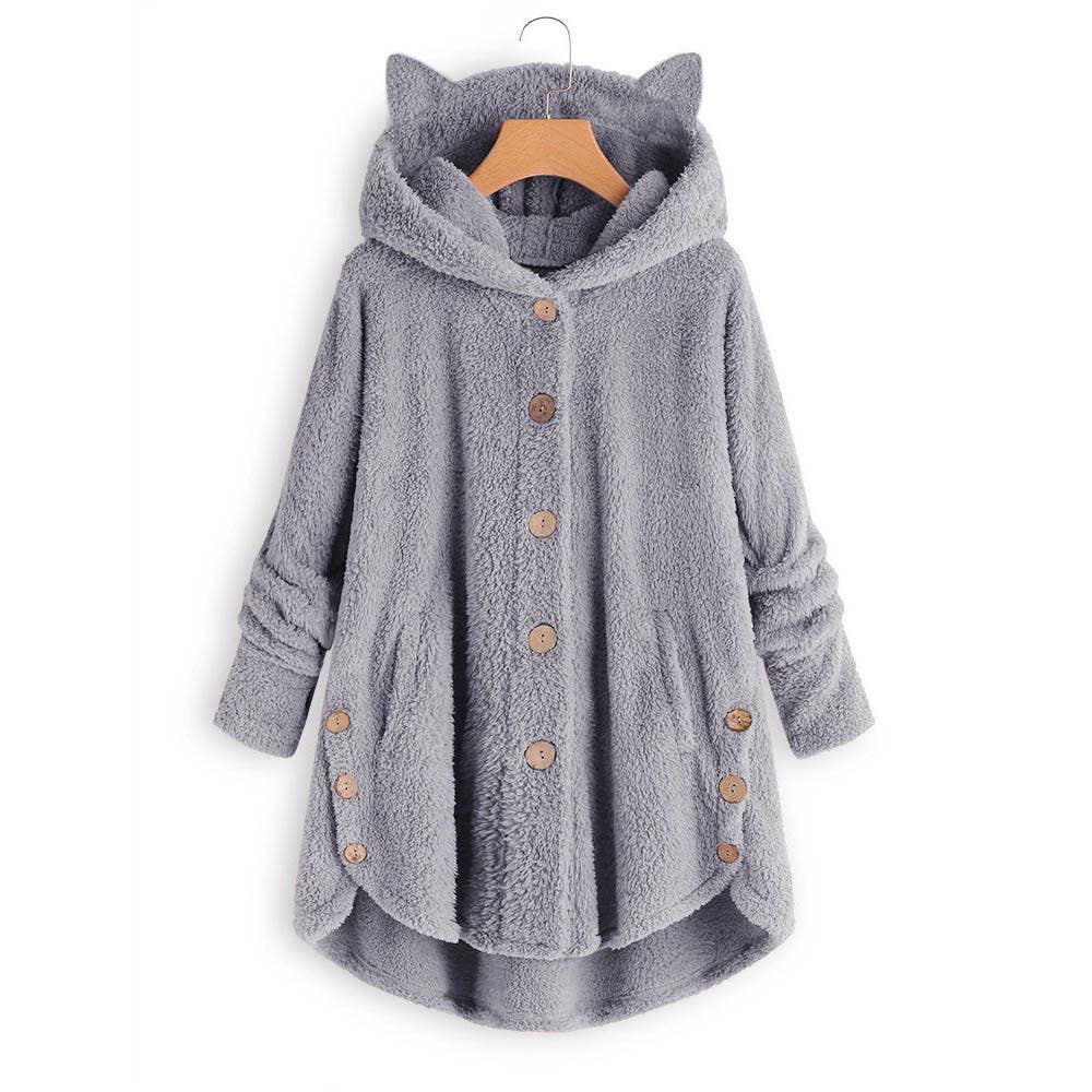 Lily Clothing - Wholesale Coat - Women's - BUTTON-UP HOODED CAT EARS PLUSH SOLID COAT5