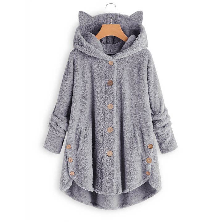Lily Clothing - Wholesale Coat - Women's - BUTTON-UP HOODED CAT EARS PLUSH SOLID COAT5