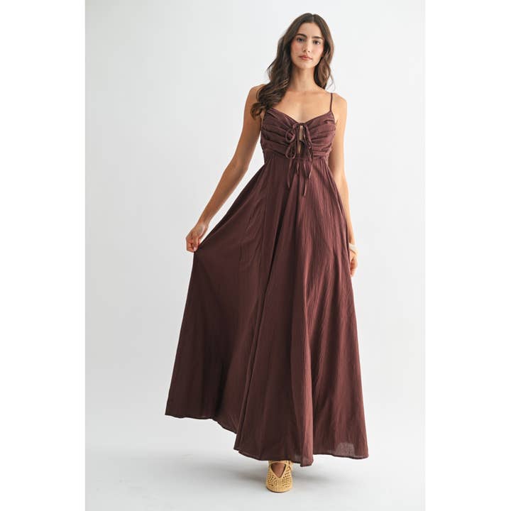 BROWN MAXI DRESS WITH RUCHED BODICE AND ADJUSTABLE STRAP for wholesale on Faire2