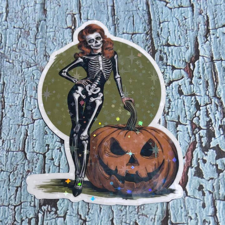 Pegatina de vinilo recortada de esqueleto vintage de Halloween para venta al por mayor de Prairie Chicken Sticker Shop & Gifts