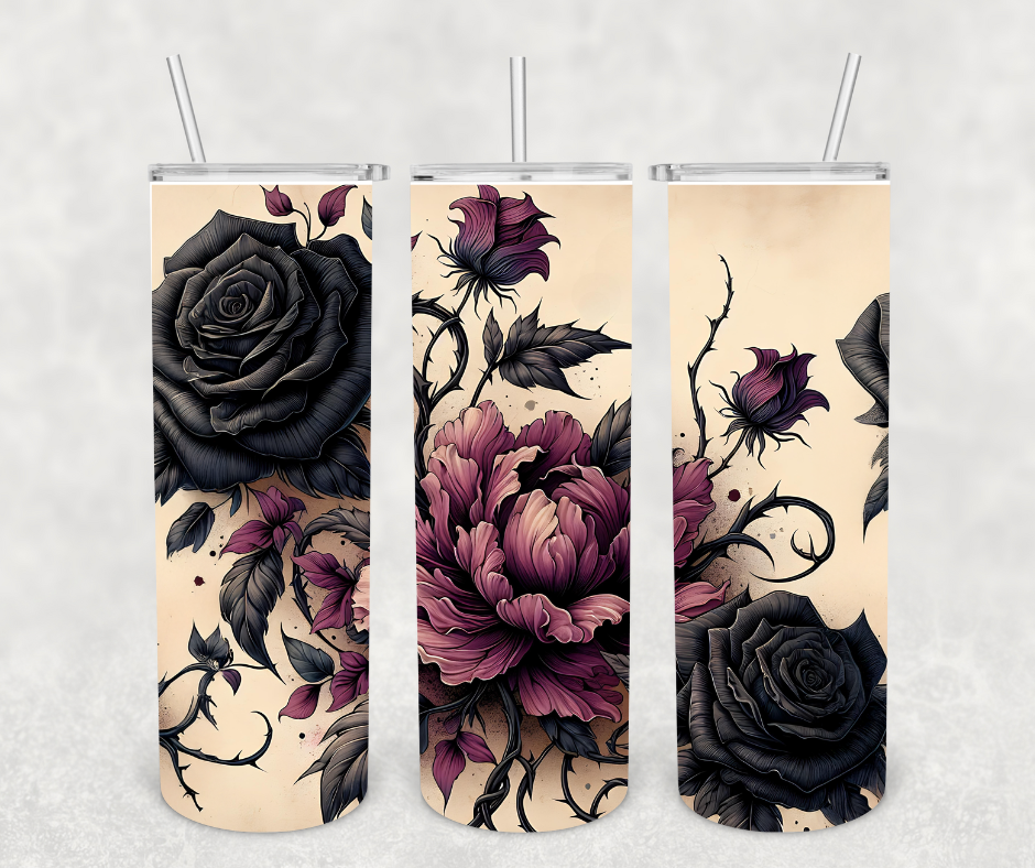 Knotted Gypsy Designs - Wholesale Insulated Mug/Tumbler - Gothic Black Roses 20oz Tumbler0