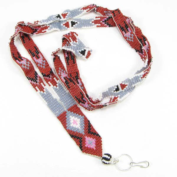 Red Grey White Seed Beaded Lanyard Handmade Beadwork Art Id Holder for wholesale by BEADS CORNER
