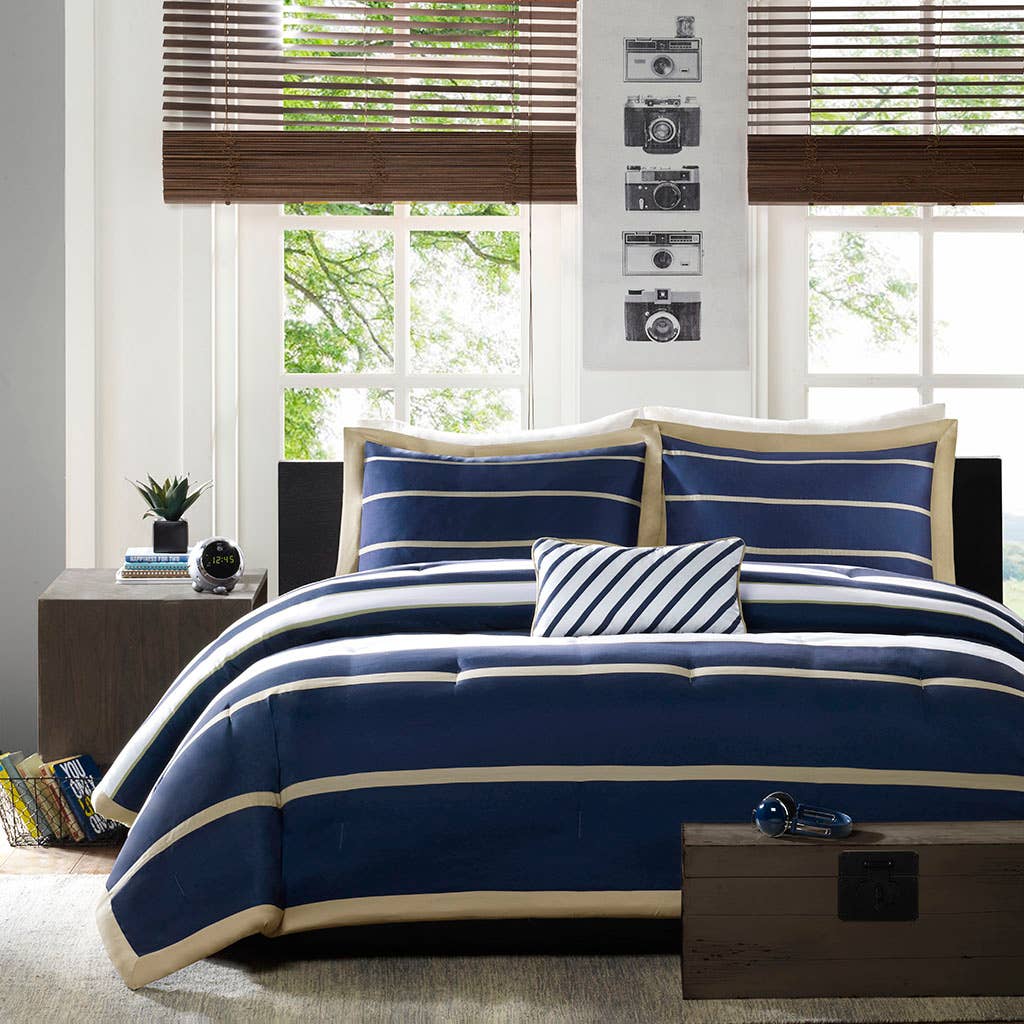 Olliix - Wholesale Bedding Set - Stripes 4-Piece Comforter/Duvet Cover Set, Navy Blue/Khaki1