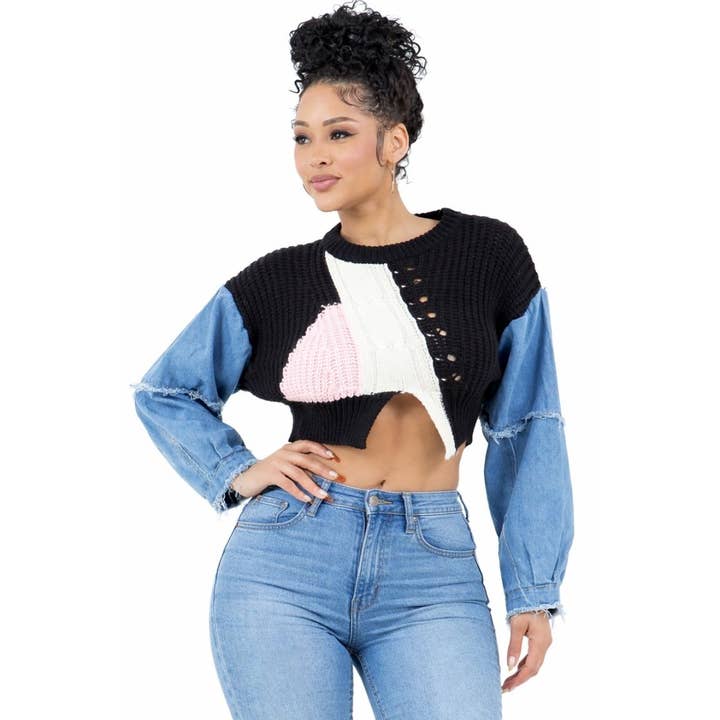 YT9009 Denim Long Sleeve Cropped Knit Contrast Sweater for wholesale by Yellow Cabbage