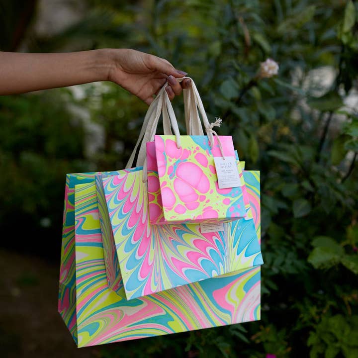 Paper Mirchi - Wholesale Gift Bag - Hand Marbled Gift Bags (Small) - Neon13