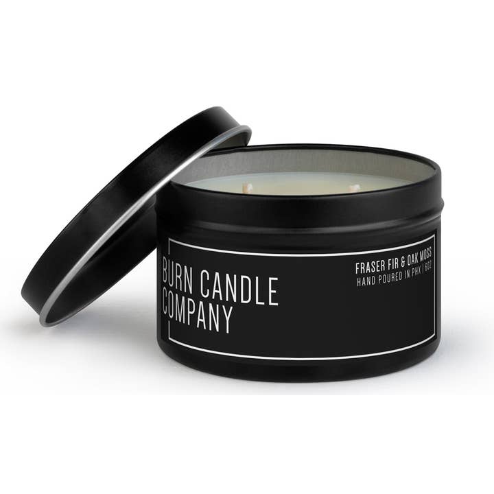 Fraser Fir & Oak Moss | Dual Wick | 8 oz Black Tin for wholesale by Burn Candle Company
