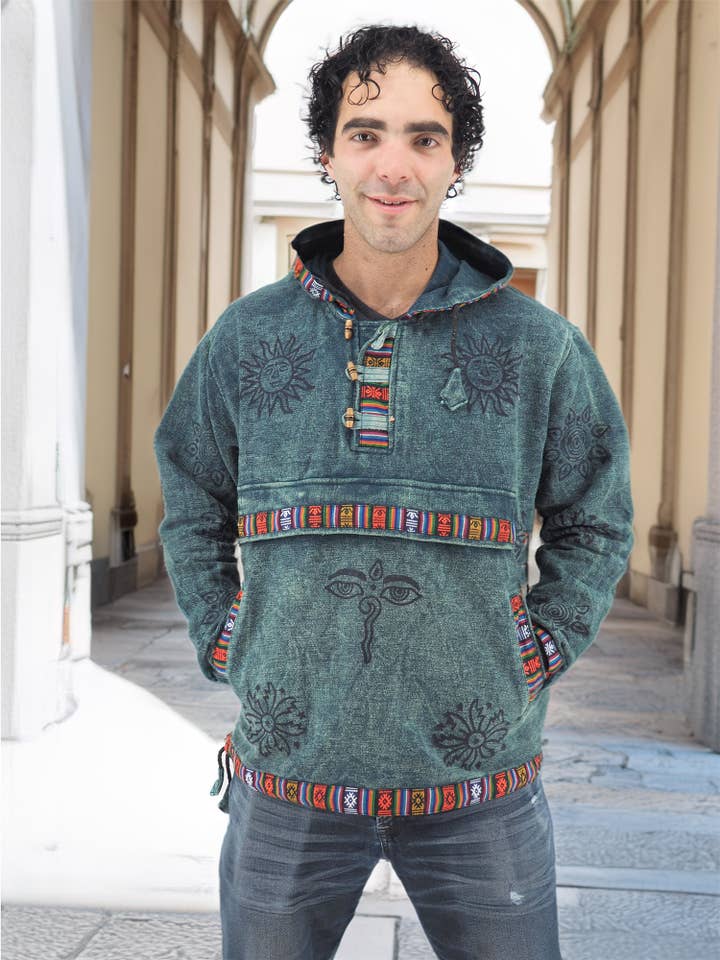 Handmade Casual Boho Cotton Unisex Jackets Hoodies Size S-M-L-XL- XXL Blue for wholesale by Purple Boho