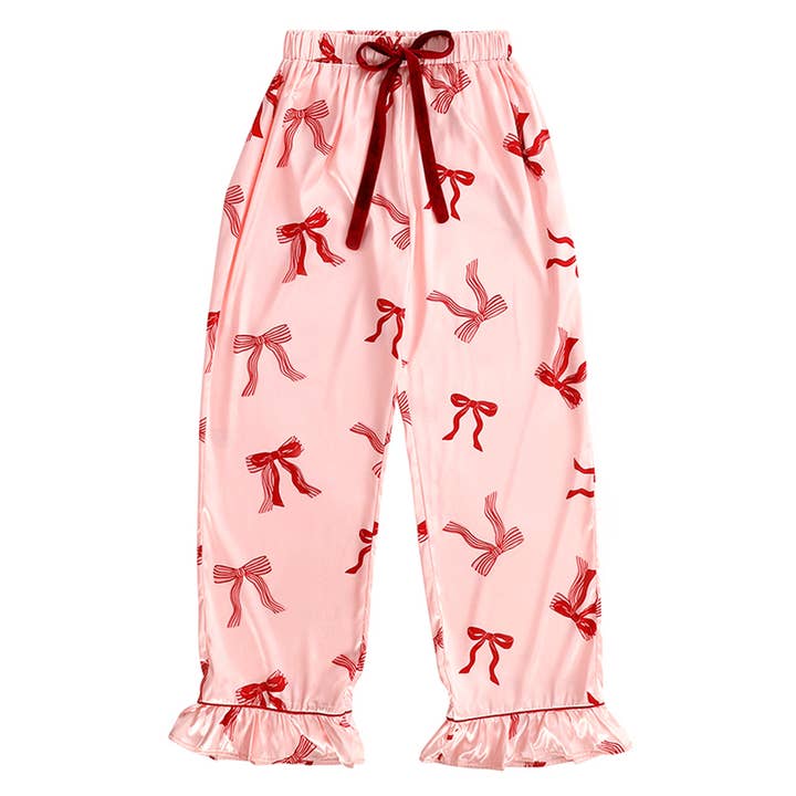 Bella Sleep + Spa - Wholesale Sleepwear Set - Women's - Ruffle PJ Set With Velvet Tie - Blush + Striped Bows1