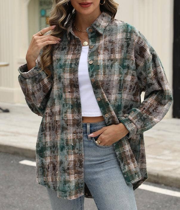 HIDDENBRAND - Wholesale Shirt Jacket/Shacket - Women's - Plaid jacket checked ripped shacket3