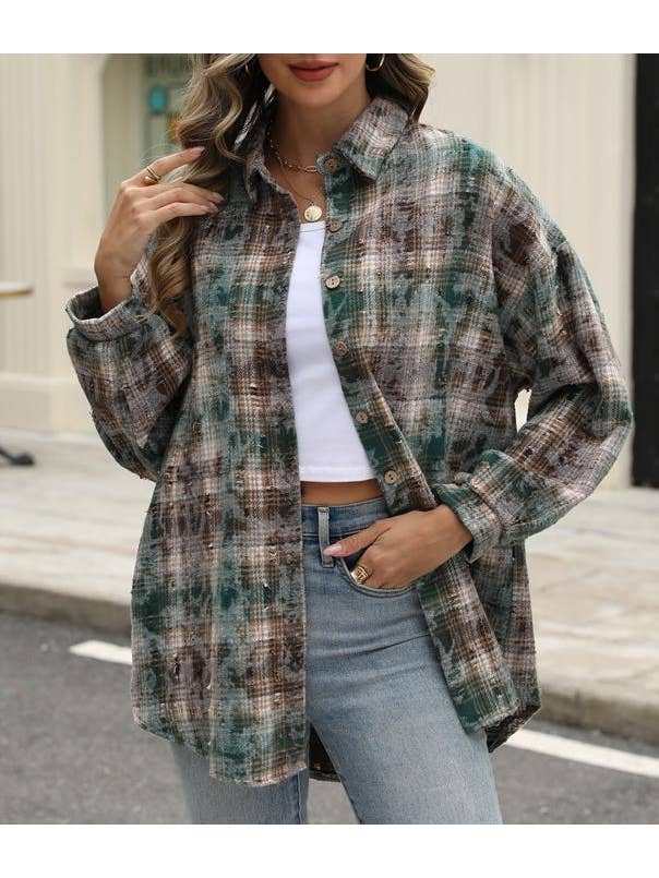 HIDDENBRAND - Wholesale Shirt Jacket/Shacket - Women's - Plaid jacket checked ripped shacket3