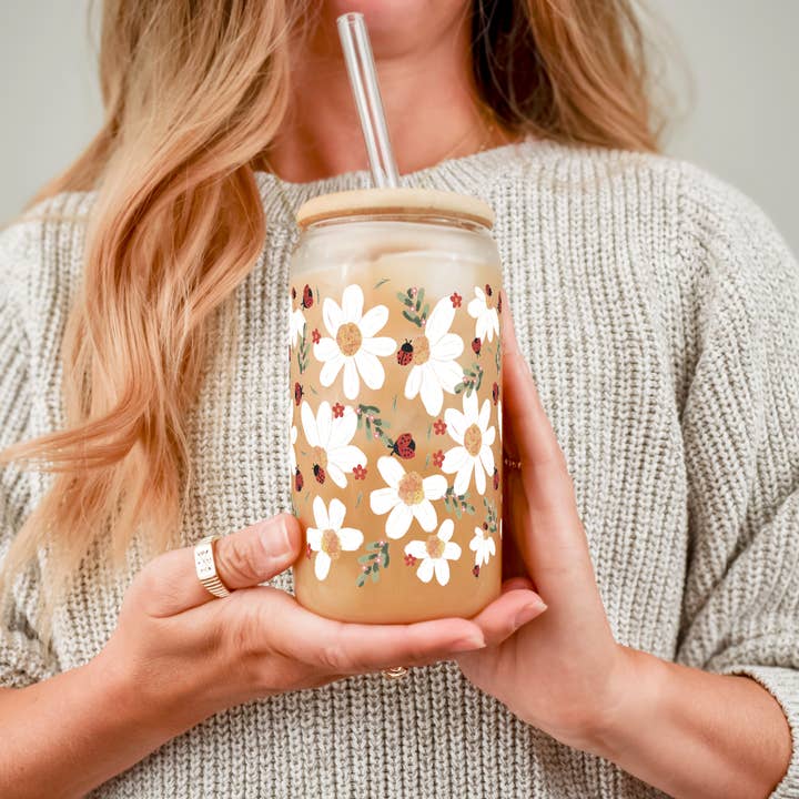 Sip-Sip Hooray! - Wholesale Drinking Glass/Cup - Daisy & Ladybug Cup with Lid and Straw
