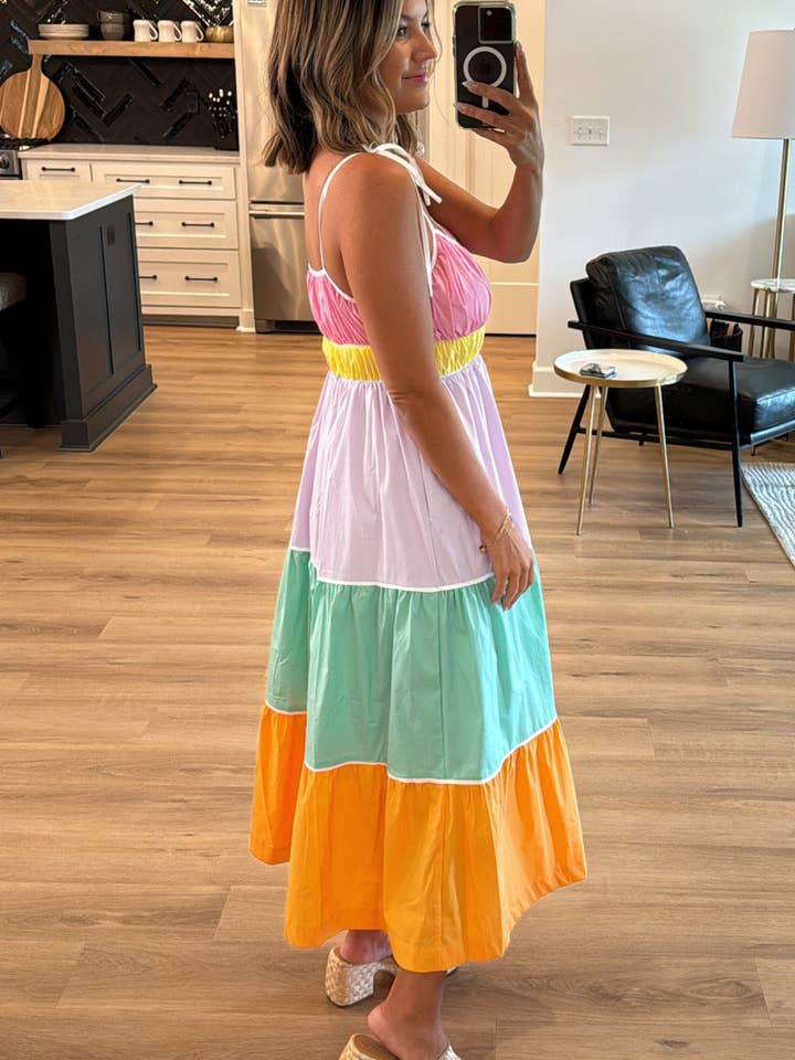 Multicolour Colorblock Self-tie Straps High Waist Flowy Maxi Dress with Pockets for wholesale on Faire