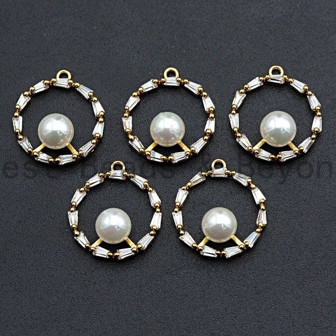 CZ Pave Ring Pendant with White Pearl Charm/Pendant, Pearl Jewelry, CZ Pave Jewelry, 16x18mm, sku#Y235 for wholesale by BestBeads&Beyond