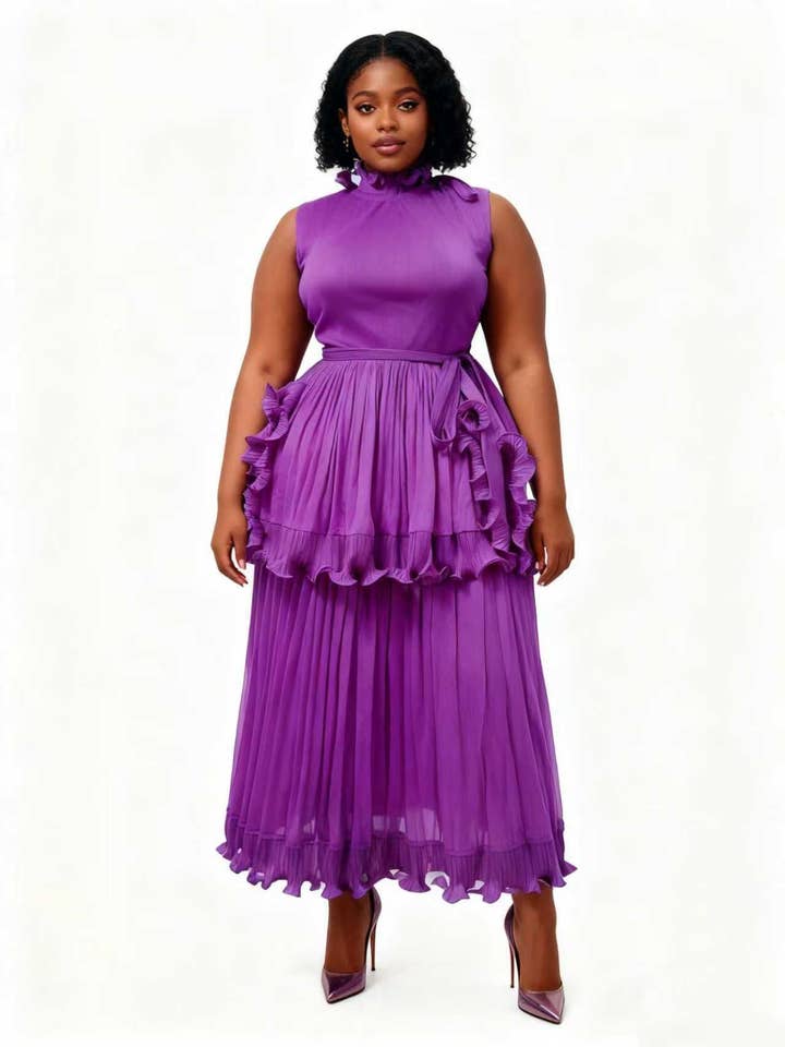 Ruffle Tiered Pleated Midi Dress - 83007 for wholesale by For Her NYC