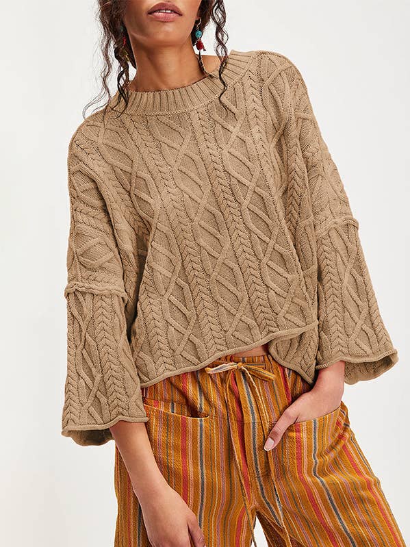 Cropped Cable Knit Sweater | 7/8 Bell Sleeve Pullover Women and other Purchase Wholesale oversized sweater. Free Returns & Net 60 Terms on Faire trending on Faire.