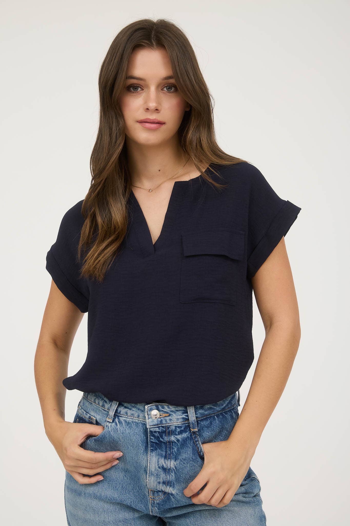 Blu Pepper - Wholesale Blouse - Women's - SPLIT NECK BACK BUTTON SHORT FOLD SLEEVE BLOUSE16