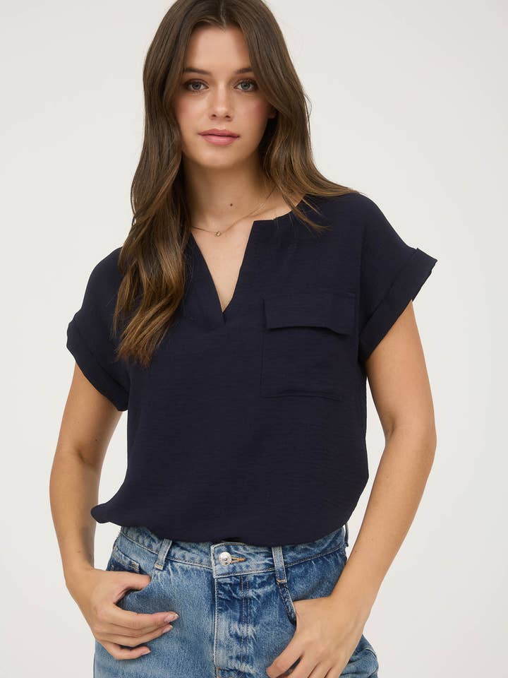 Blu Pepper - Wholesale Blouse - Women's - SPLIT NECK BACK BUTTON SHORT FOLD SLEEVE BLOUSE16