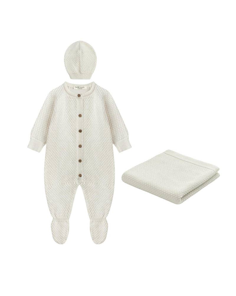 Nubo Baby - Wholesale Clothing Set - Baby - Ecru Knit Baby Gift Set – Jumpsuit, Hat & Blanket, Cotton0