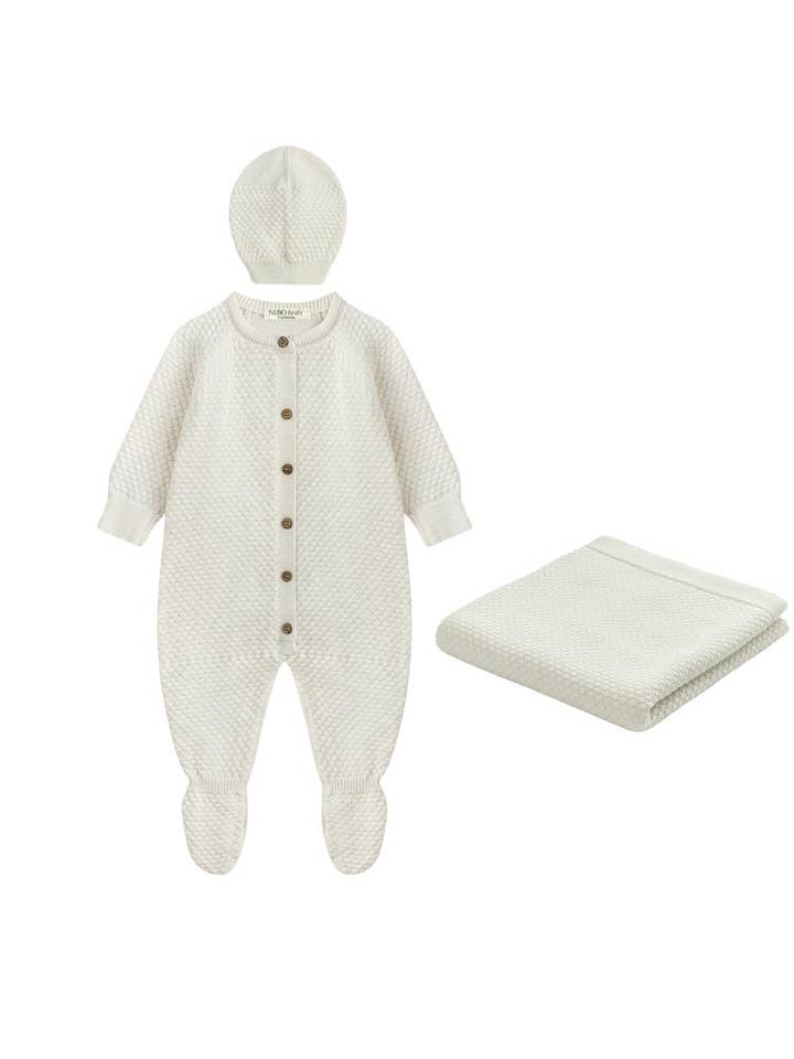 Nubo Baby - Wholesale Clothing Set - Baby - Ecru Knit Baby Gift Set – Jumpsuit, Hat & Blanket, Cotton0
