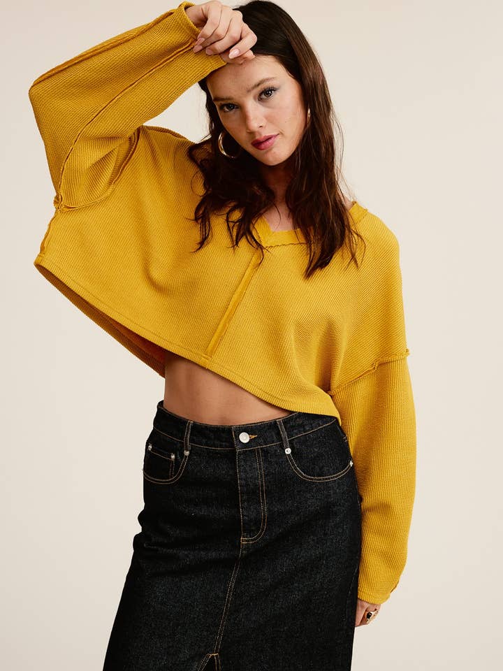 Mustard Exposed Seam V Neck Long Sleeve Oversized Sweater for wholesale on Faire