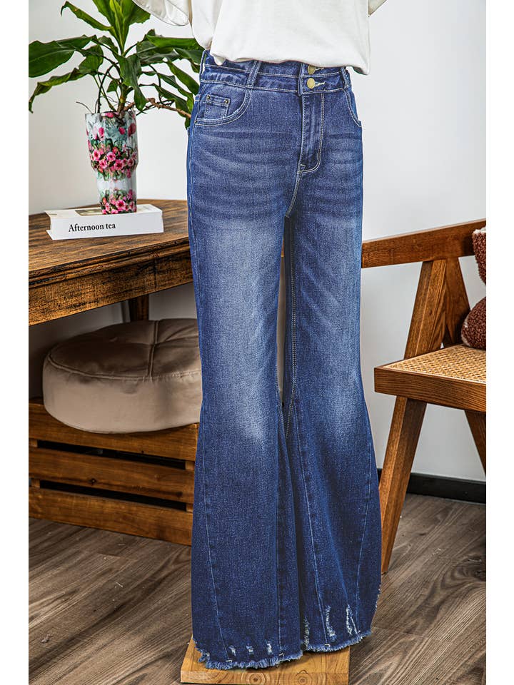 As shown High Rise Dual Button Distressed Raw Hem Flared Jeans*4-16 for wholesale on Faire