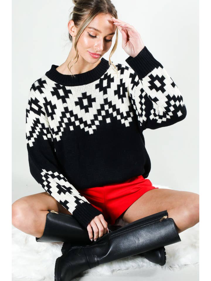 Vine & Love - Wholesale Knit Sweater - Women's - Crew Neck Aztec Patterned Knitted Sweater Top VT81548
