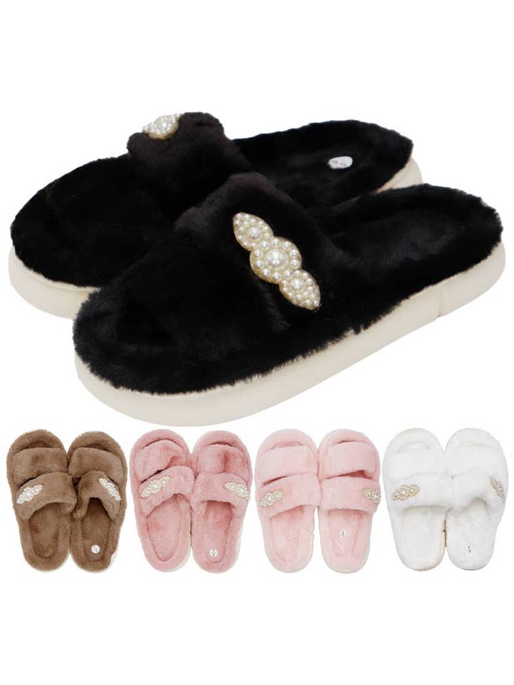 Toboganes de piel esponjosa con doble correa, decoración de perlas sintéticas para venta al por mayor de Cap Zone