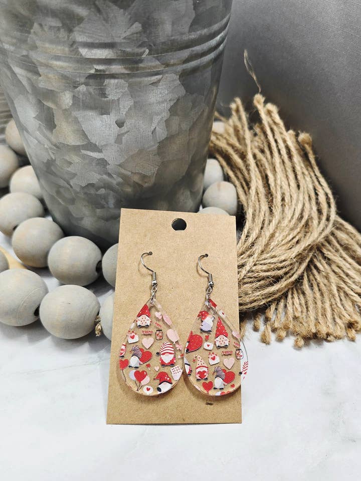Valentine Gnome Teardrop Earrings for wholesale by Woody Bee Creations