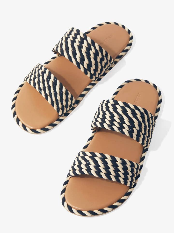 SAVOY-2 - NERO/BIANCO sandalo scorrevole a doppia fascia in corda vegana per la vendita all'ingrosso da parte di SALT + UMBER